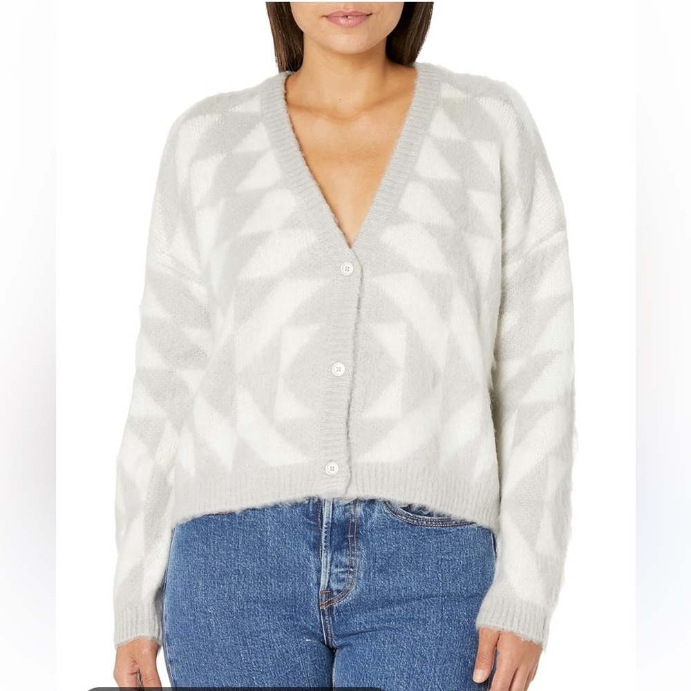 Obey Zoey Fuzzy Knit Cardigan Sweater Geometric Pattern Cream Gray XS